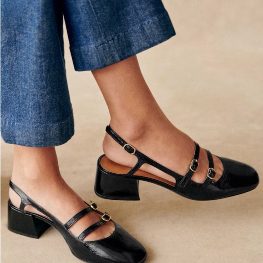 Sézane Black Triple-Strap Slingback Block Heels